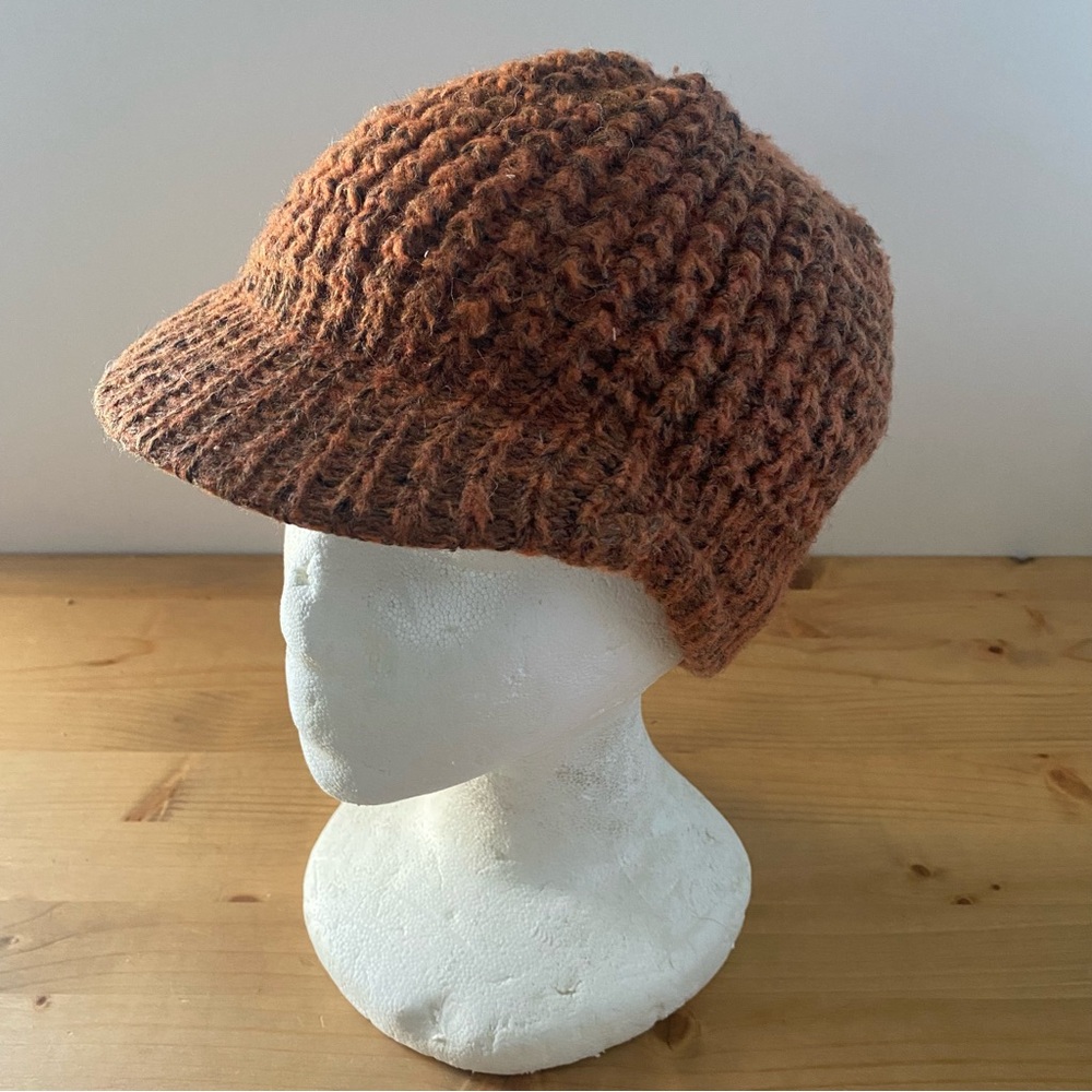 Dohm Chunky Knit Visor Hat Vtg Cinnamon Brown Slouchy Merino Wool Cap w Brim OS